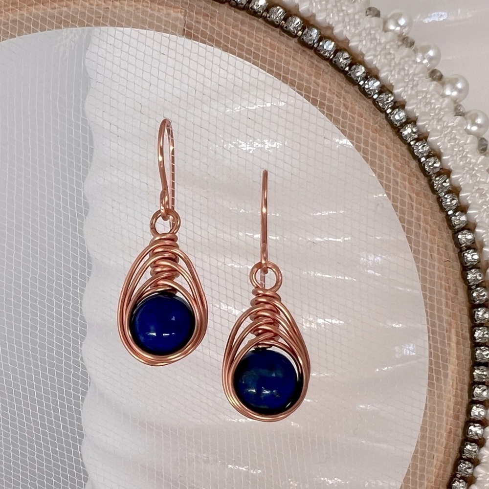 Lapis Beaded Copper Earrings Herringbone Weave Design